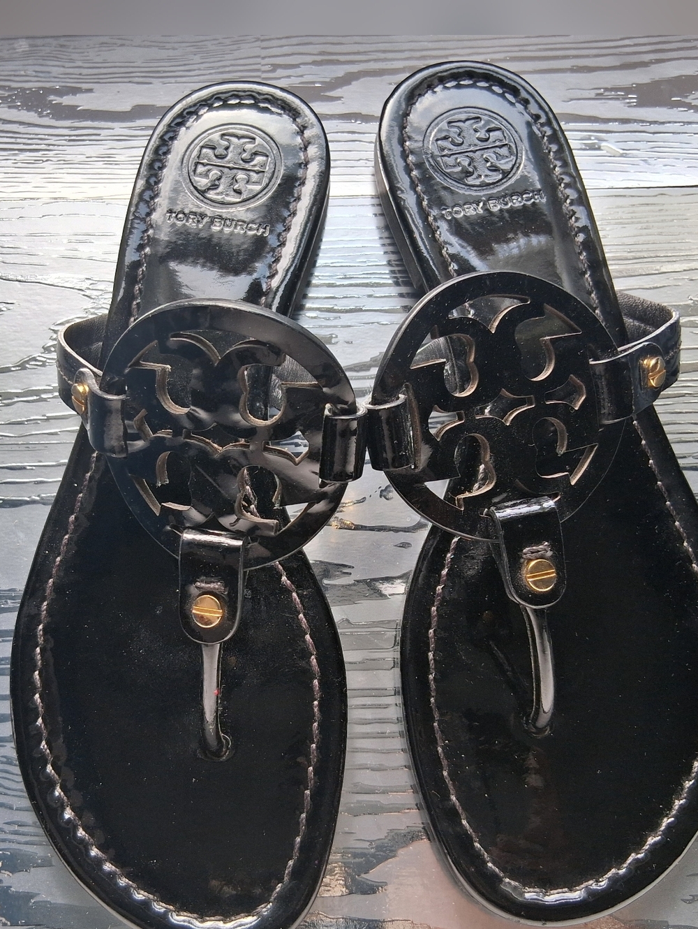 Tory Burch Black Patent Miller Logo Thong Sandals